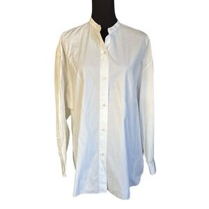 Theory Downing White Mandarin Collar Long Sleeve Blouse, M/L, Minimalist, NWT